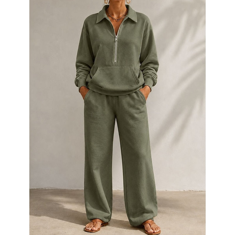 Women's Relaxed Half‑Zip Top and Wide‑Leg Trousers Set by Bellmaren