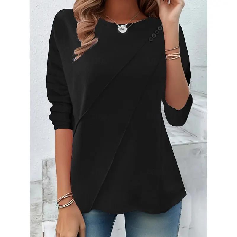 Women's Draped Long-Sleeve Top - Crew Neck Button by Bellmaren