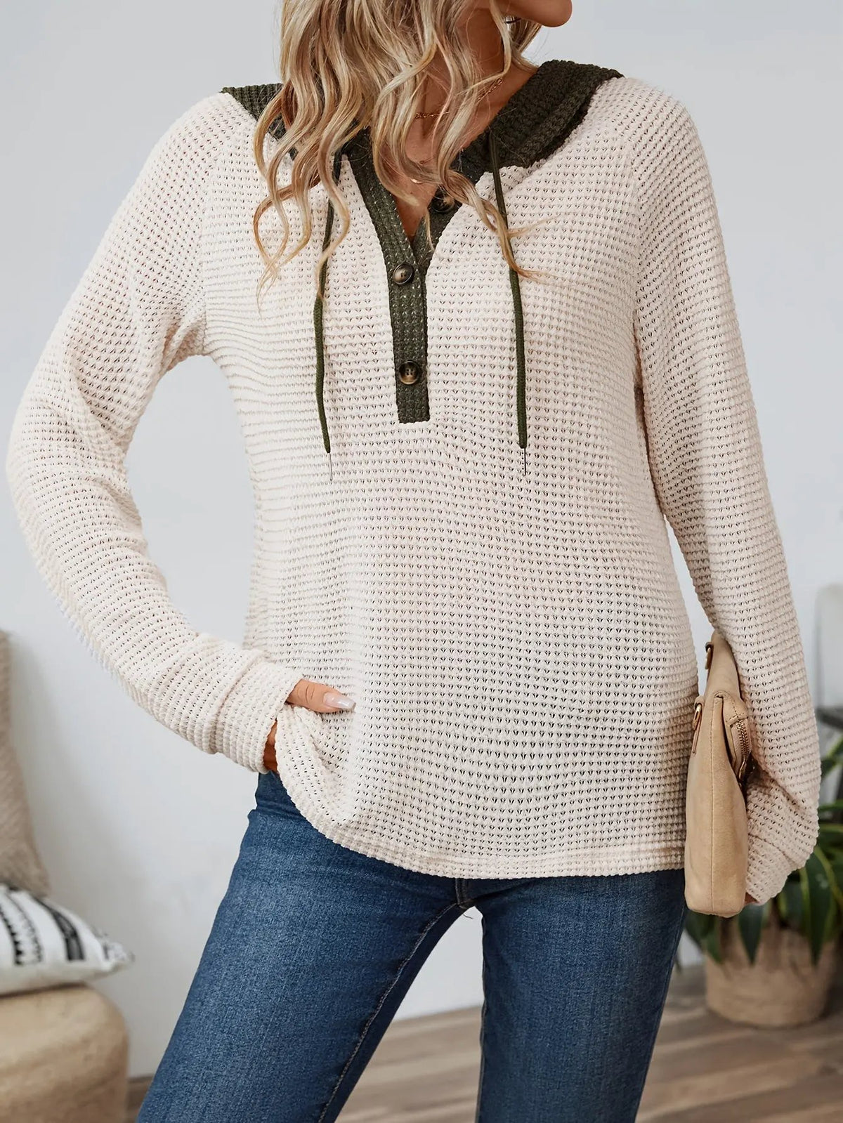Women's Relaxed Waffle Hooded Top - Contrast Hood-Women's Hoodies-Bellmaren-Beige-S-My Store