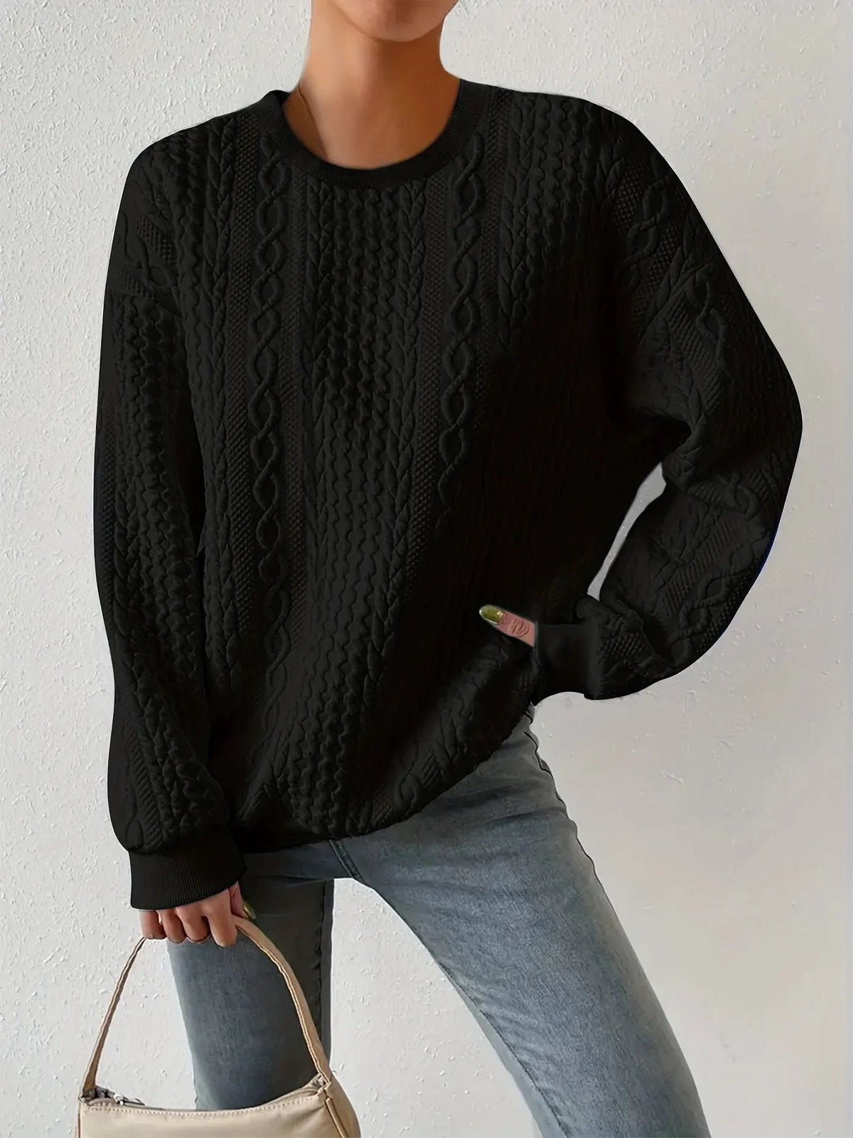 Women's Textured Cable-Knit Sweatshirt Crewneck Design-Women's Sweaters-Bellmaren-White-S-My Store