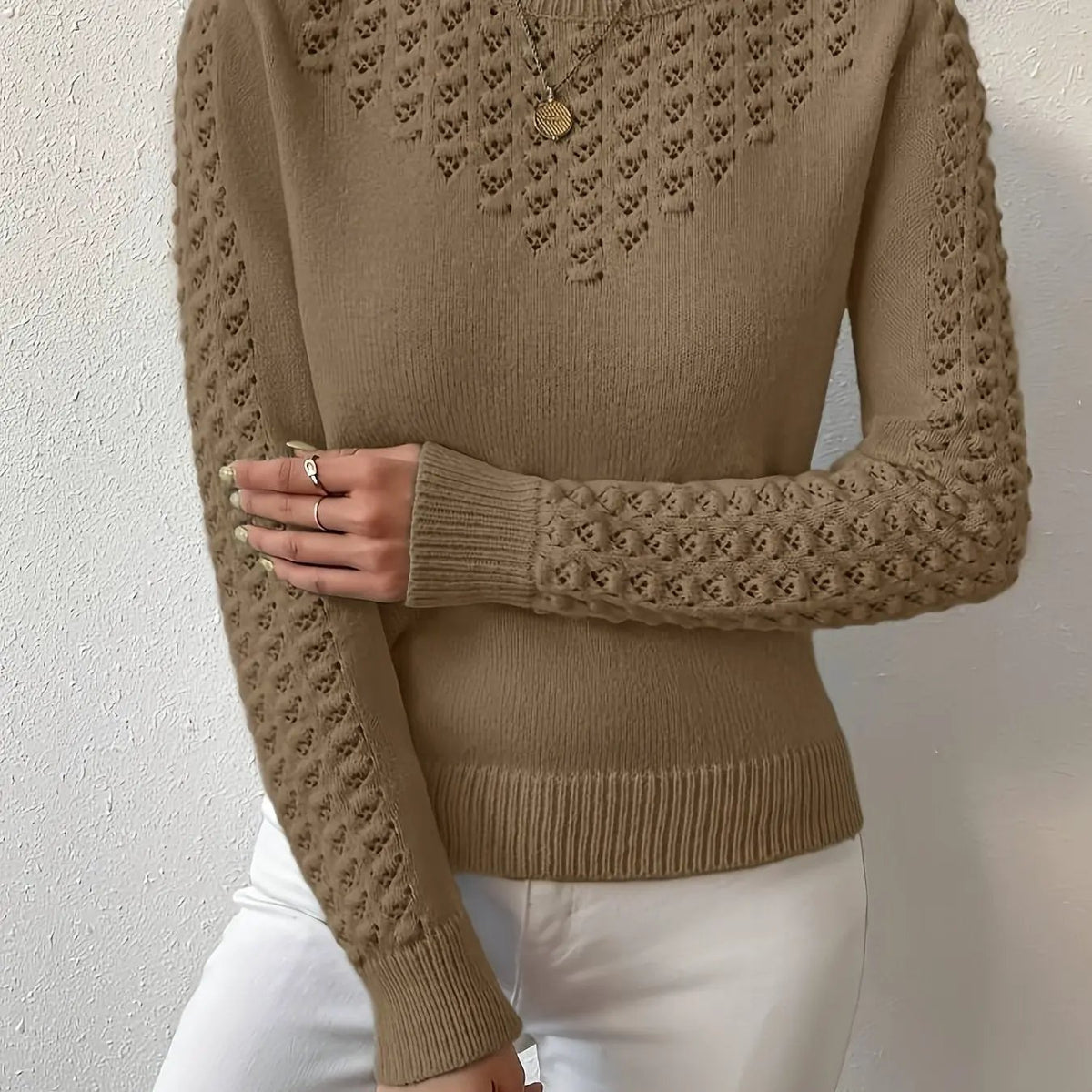Women's Pointelle Knit Round Neck Jumper-Women's Sweaters-Bellmaren-Brown-XS-My Store