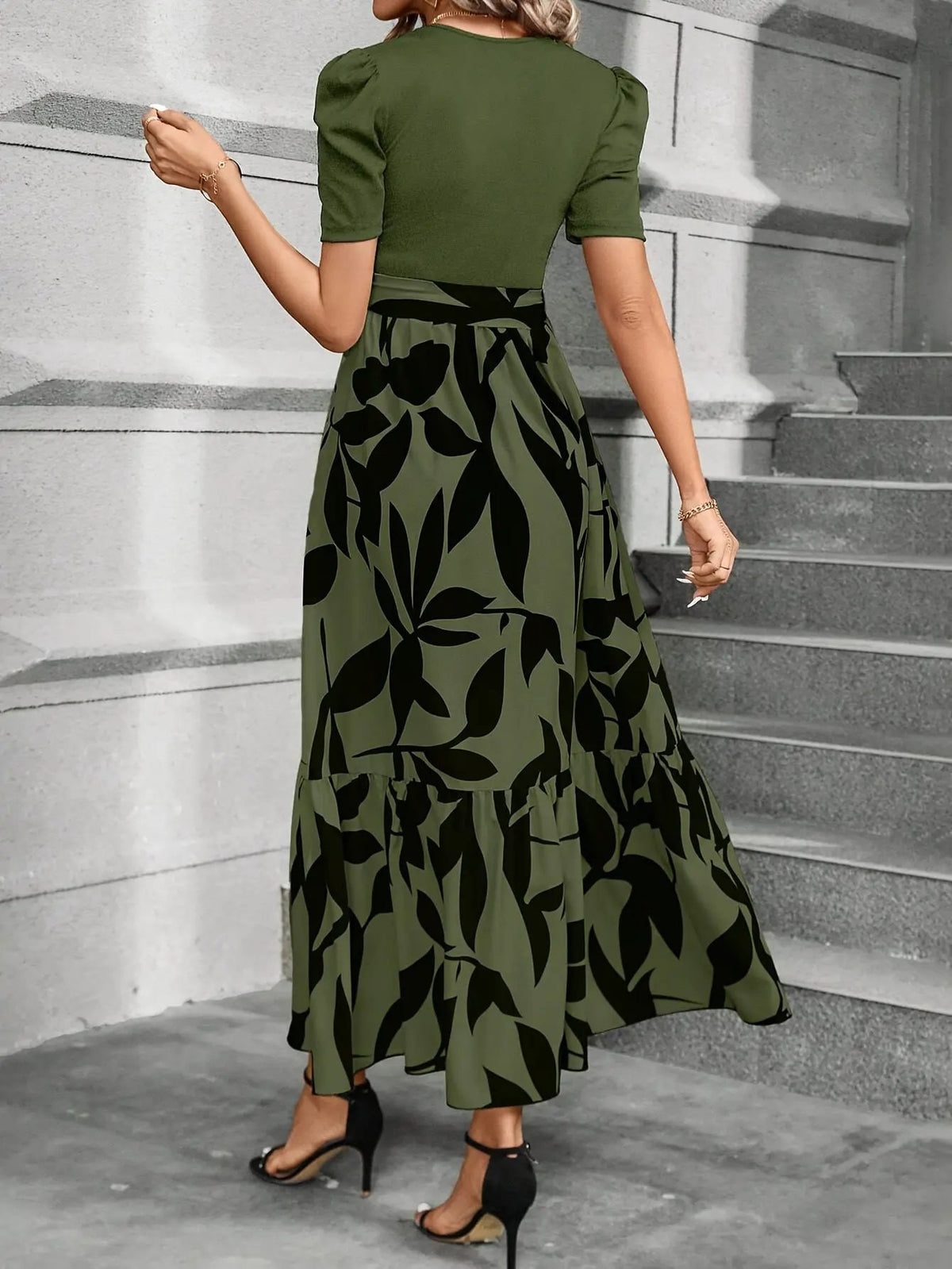 Women's Printed Tiered Maxi Dress with Tie Waist-Women's Dresses-Bellmaren-Green Black-XS-My Store