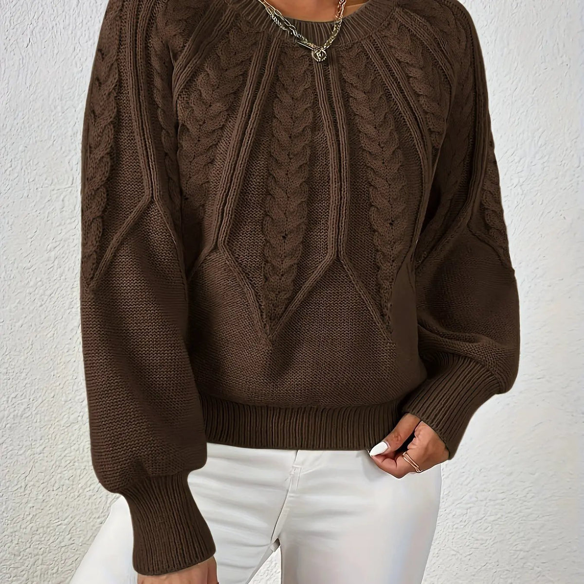 Women's Cable Knit Round Neck Sweater with Raglan Sleeves-Women's Sweaters-Bellmaren-Coffee Brown-S-My Store
