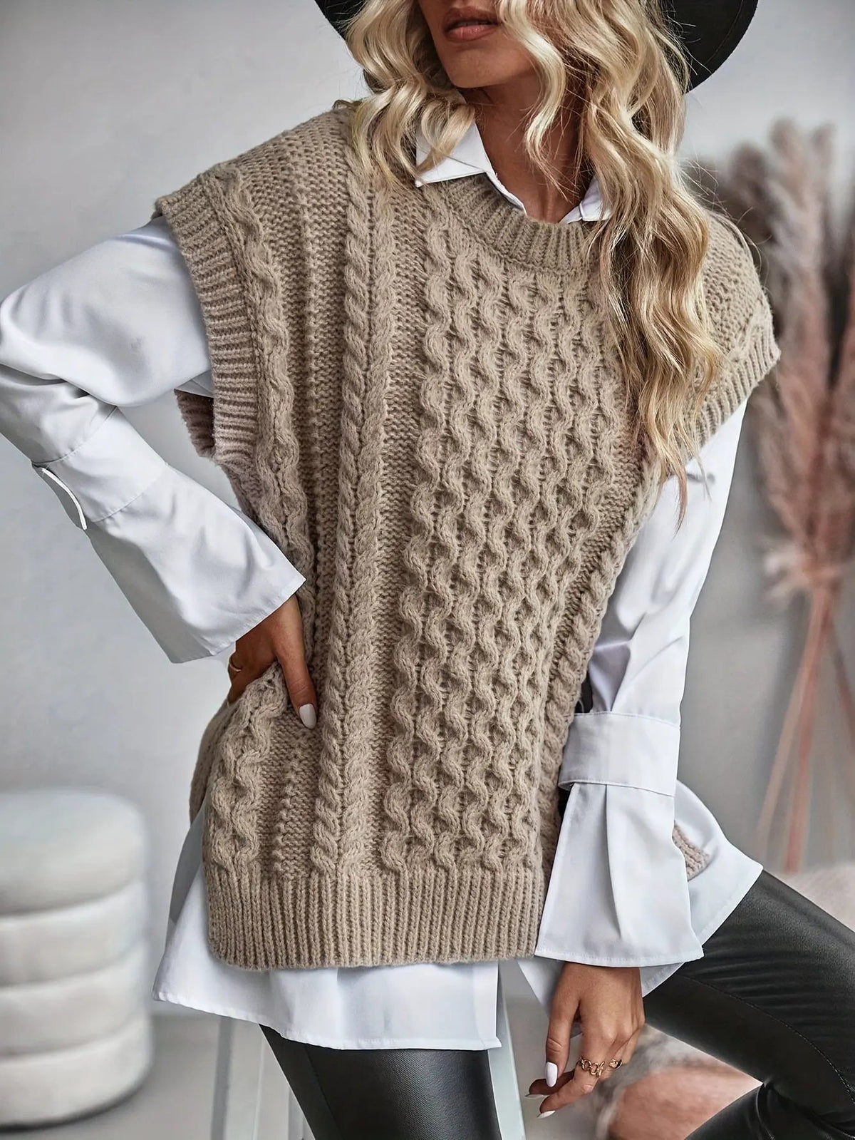 Women's Brown Cable-Knit Tank Top-Women's Vests-Bellmaren-Khaki-S-My Store