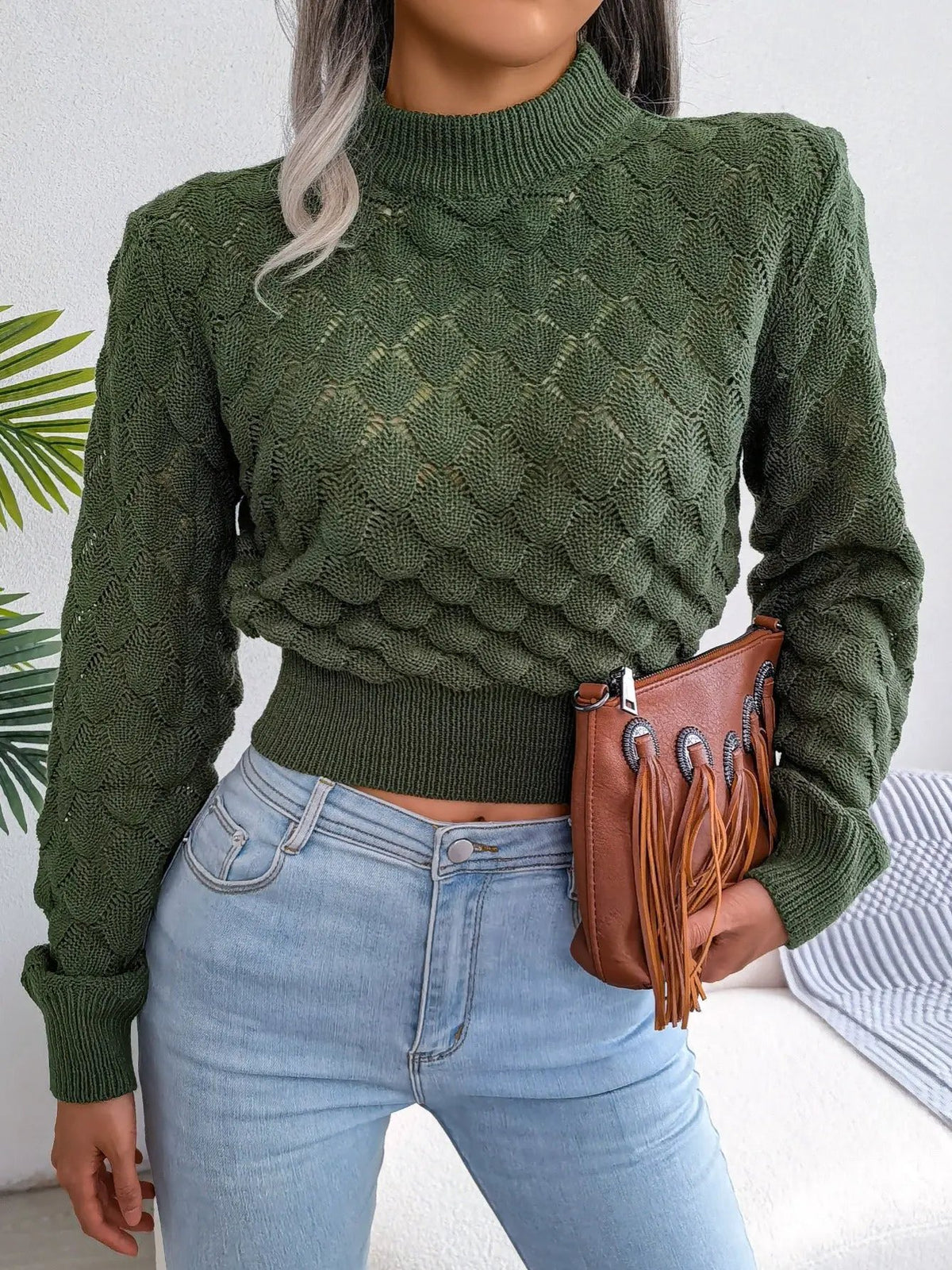 Women's Textured Cropped Sweater With Gentle Stretch-Women's Sweaters-Bellmaren-Khaki-S-My Store