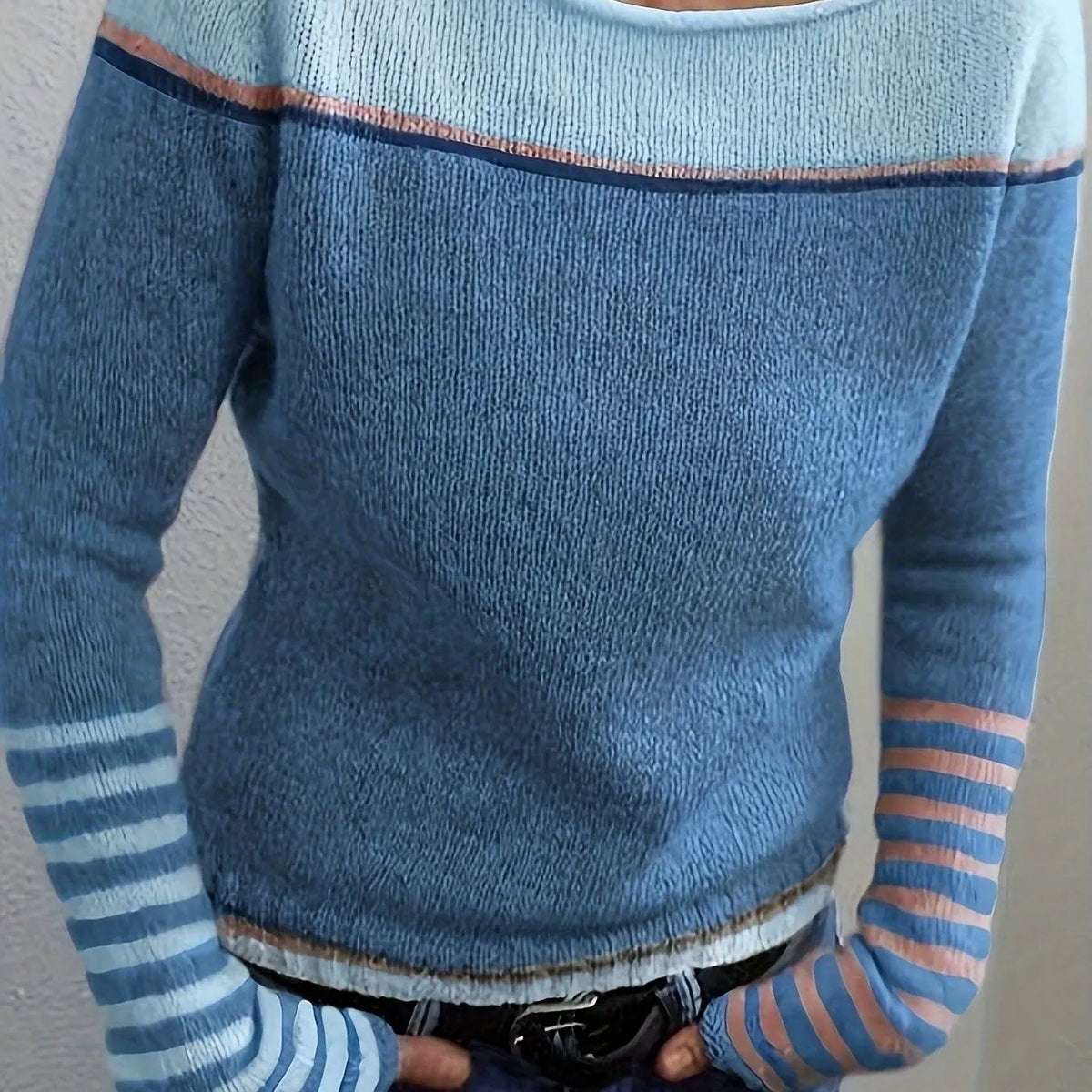 Women's Colour-Block Boat Neck Sweater With Relaxed Fit by Bellmaren