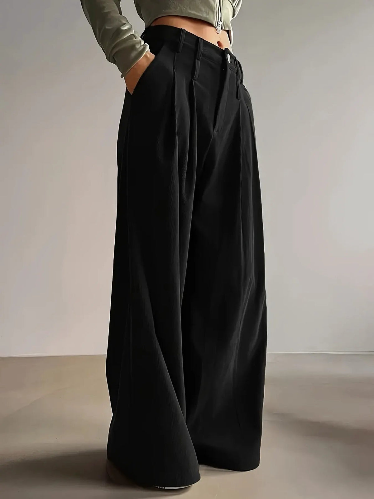 Women's Pleated Wide Leg Trousers Relaxed Fit-Women's Trousers-Bellmaren-Black-S-My Store