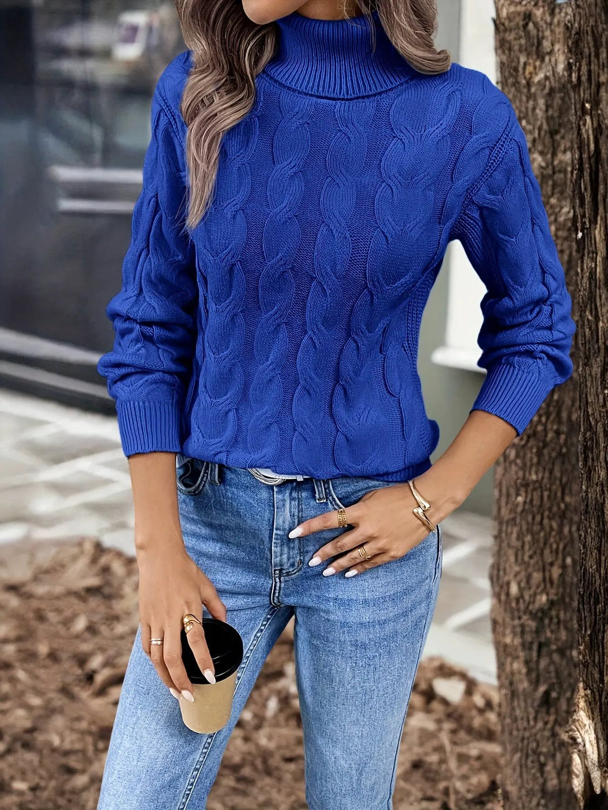 Women's Cable Knit Turtleneck Jumper in Relaxed Fit-Women's Sweaters-Bellmaren-Red-S-My Store
