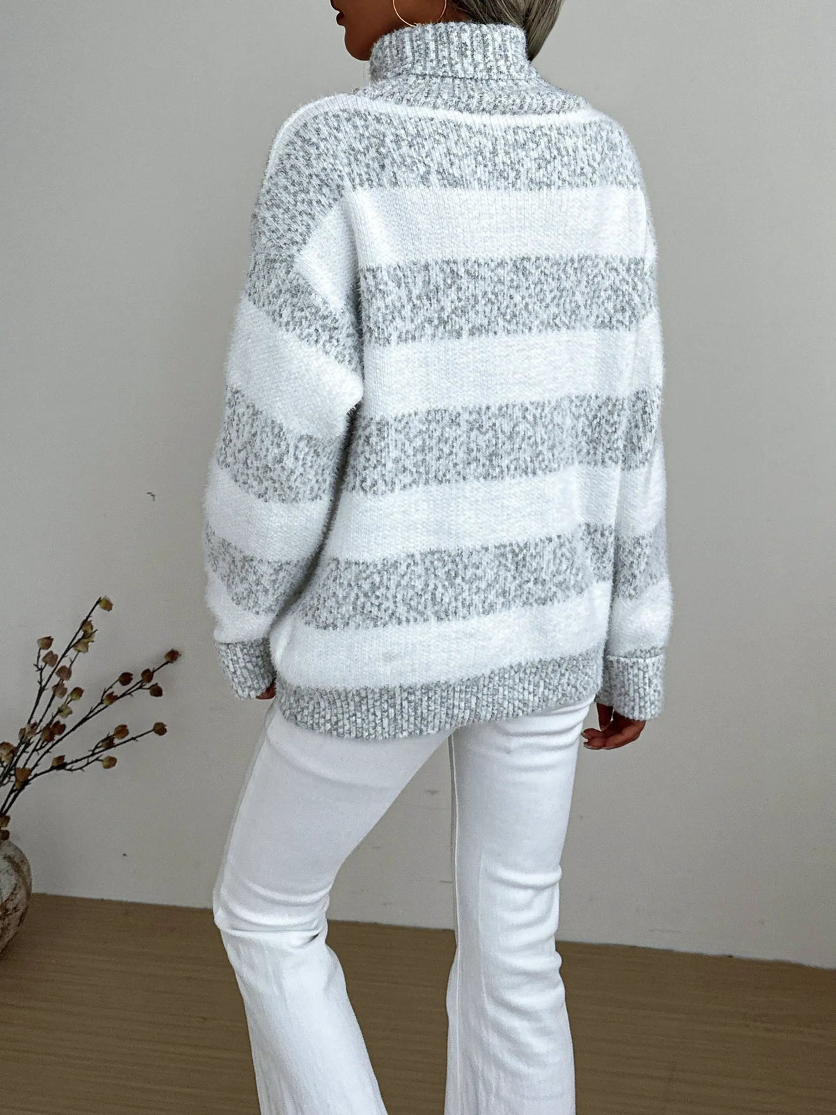 Women's Relaxed Fit Striped High-Neck Jumper-Women's Sweaters-Bellmaren-Grey-S-My Store