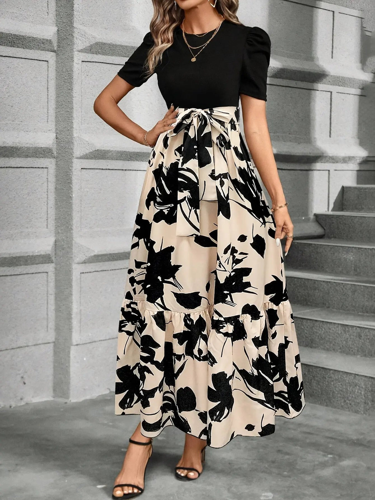 Women's Printed Tiered Maxi Dress with Tie Waist-Women's Dresses-Bellmaren-Green Black-XS-My Store