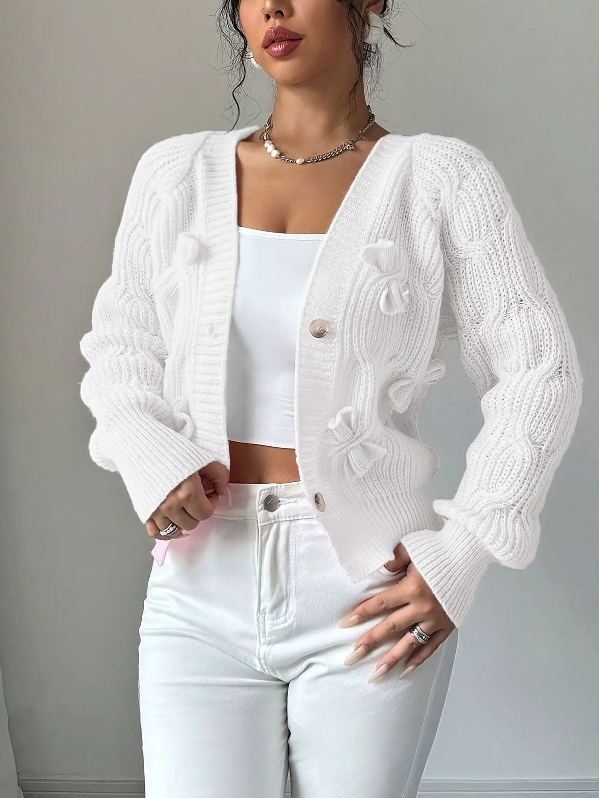 Women's Bow-Detail Long Sleeve Button Cardigan-Women’s Cardigans-Bellmaren-Pink-S-My Store