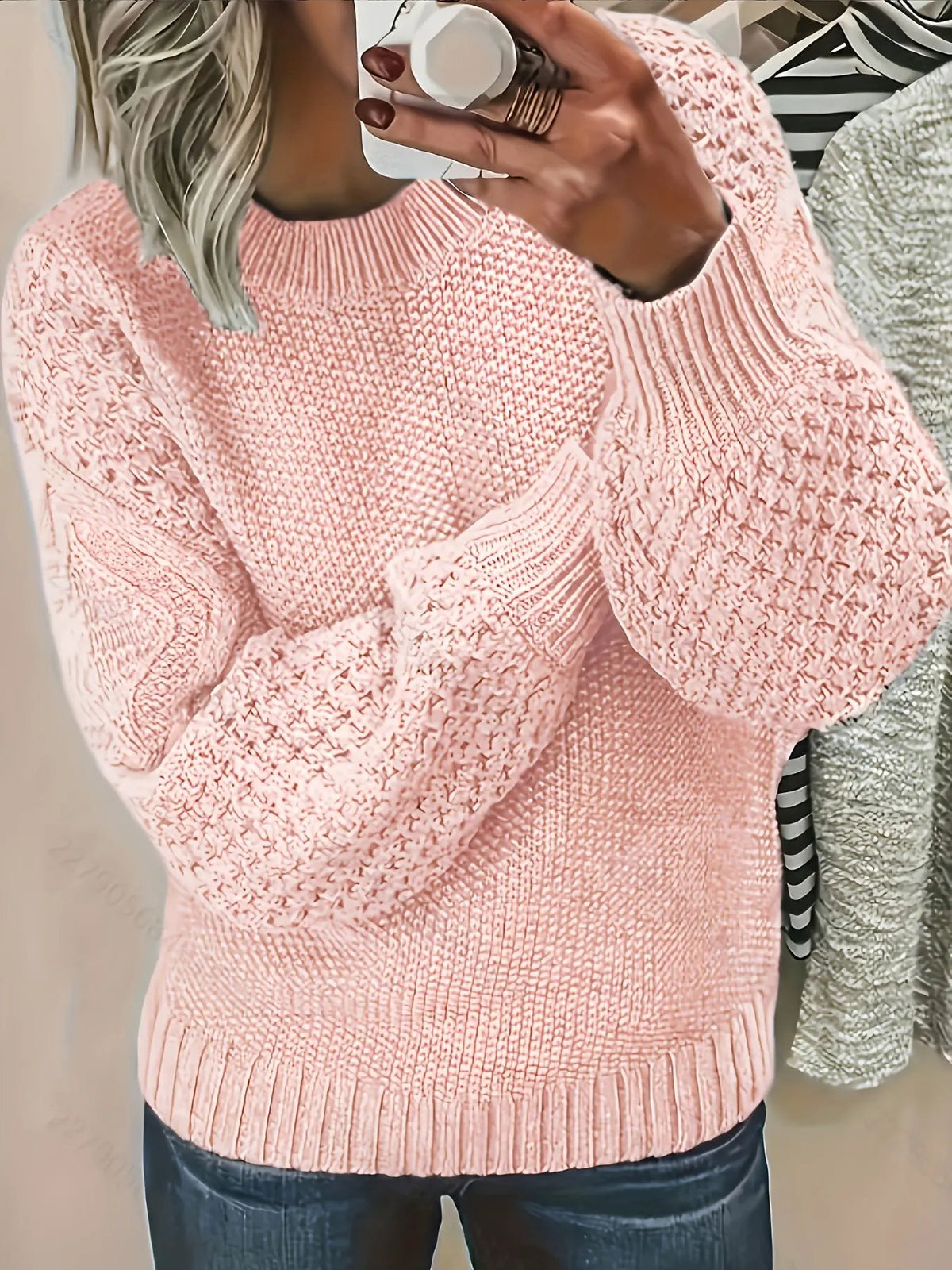 Women's Oversized Lantern Sleeve Textured Jumper-Women's Sweaters-Bellmaren-Pink-XL-My Store