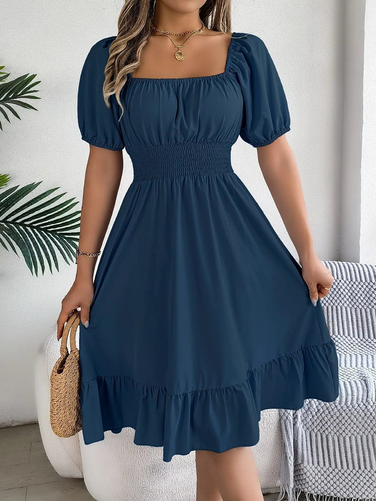 Women's Square Neck Ruffle Hem A-Line Dress-Women's Dresses-Bellmaren-Sky Blue-S-My Store