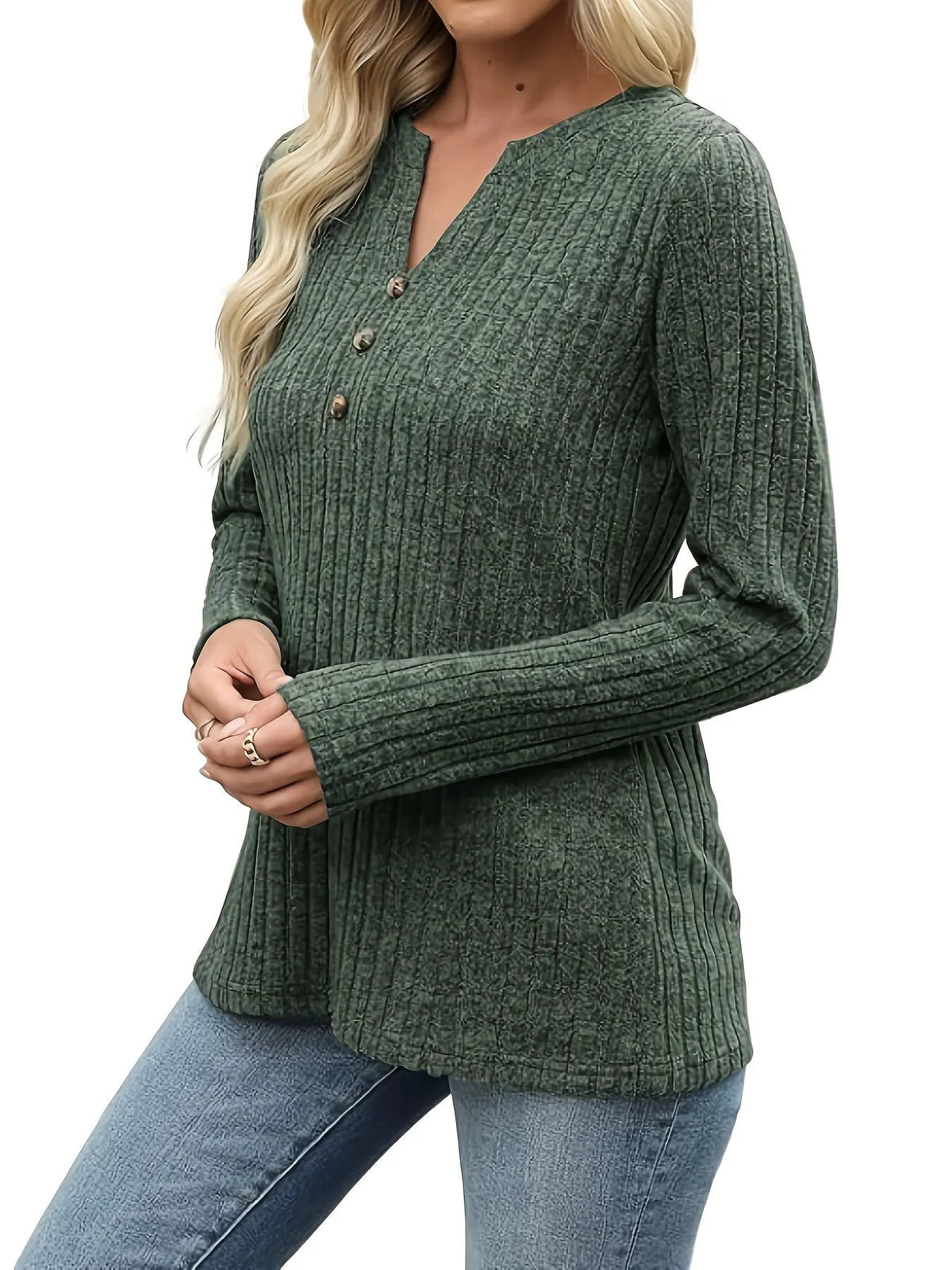 Women's Ribbed Button Neck Long Sleeve Top-Women's Sweaters-Bellmaren-Dark Green-S-My Store