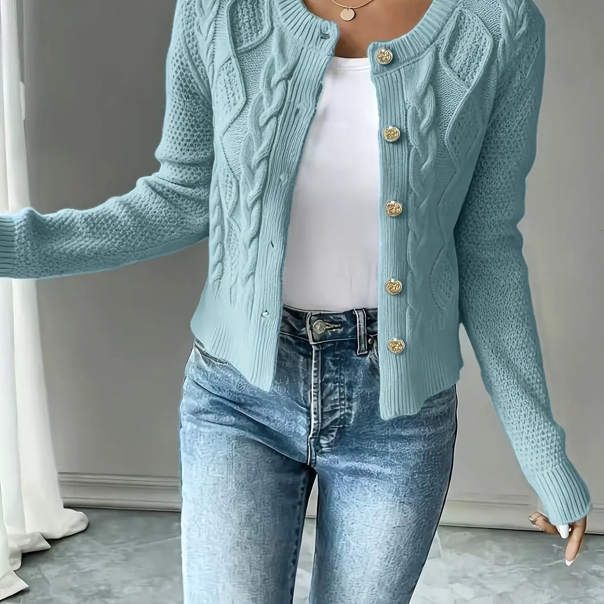 Women's Cable-Knit Button-Front Cardigan-Women’s Cardigans-Bellmaren-Sky Blue-S-My Store