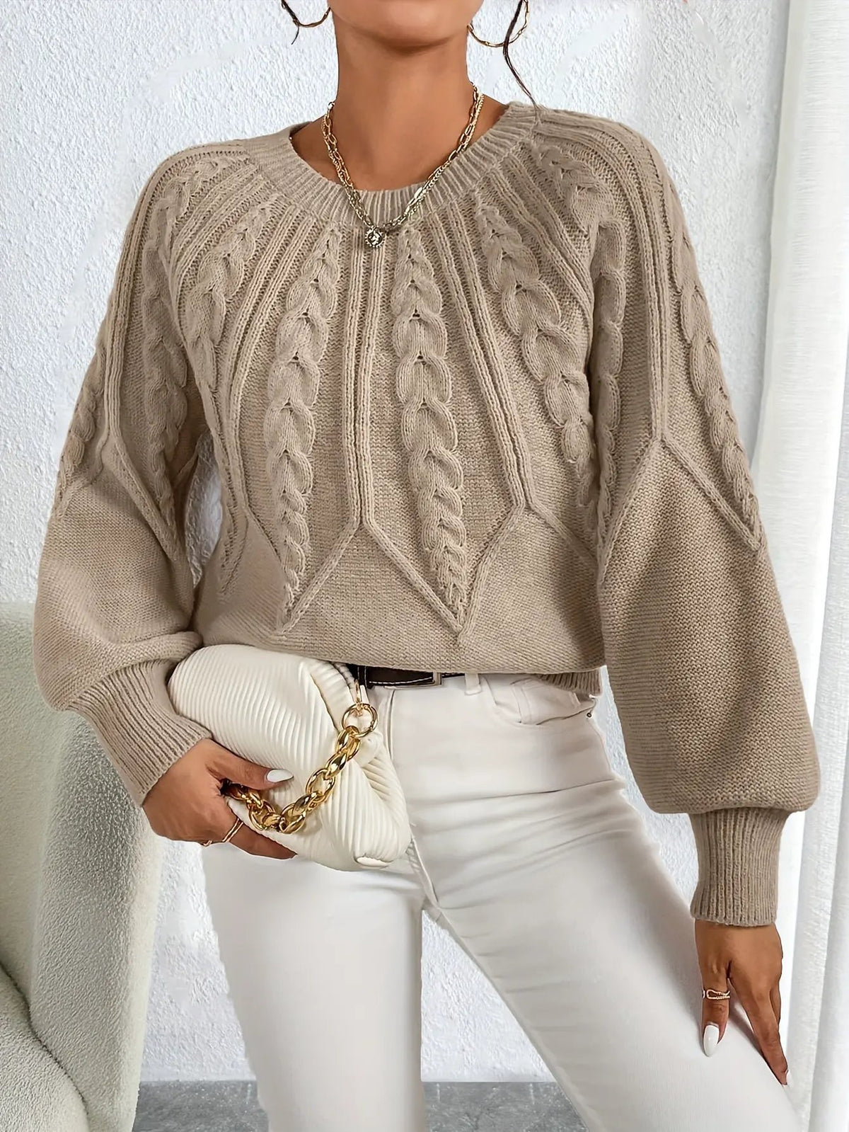 Women's Cable-Knit Lantern Sleeve Jumper, Relaxed Fit-Women's Sweaters-Bellmaren-Khaki-S-My Store