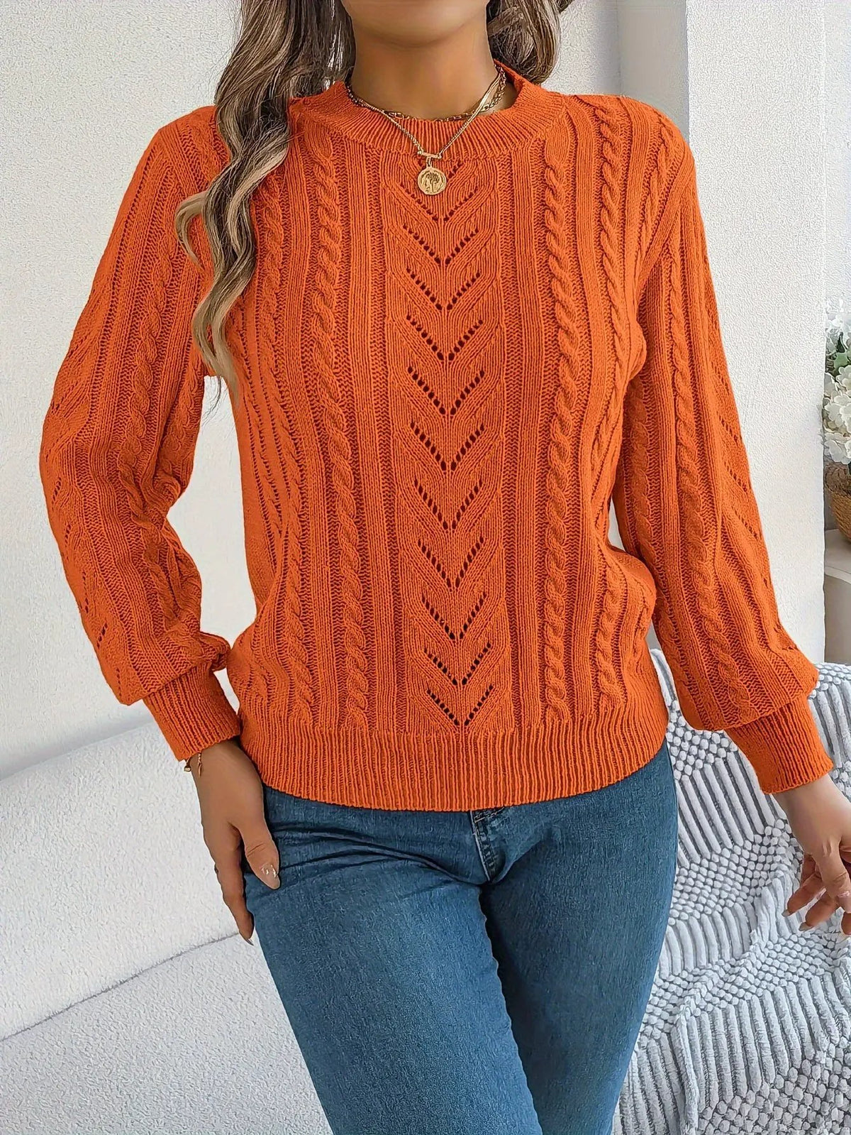 Women's Cable Knit Textured Sweater with Openwork Detailing-Women's Sweaters-Bellmaren-Khaki-S-My Store