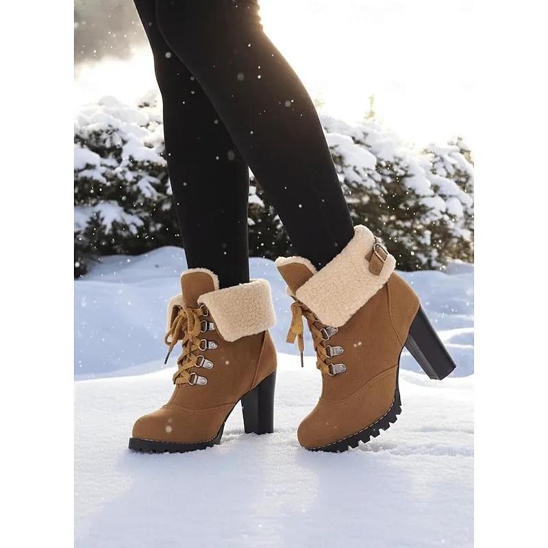 Women's Plush-Lined Chunky Heel Winter Boots-Women's Shoes-Bellmaren-Yellow-7-My Store