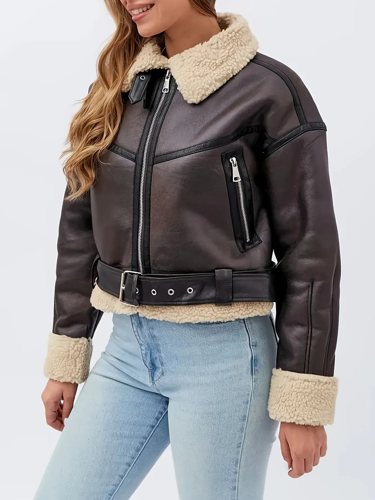 Women's Plush-Lined Cropped Moto Jacket With Zip Detail-Women's Outerwear-Bellmaren-Coffee Brown-XS-My Store