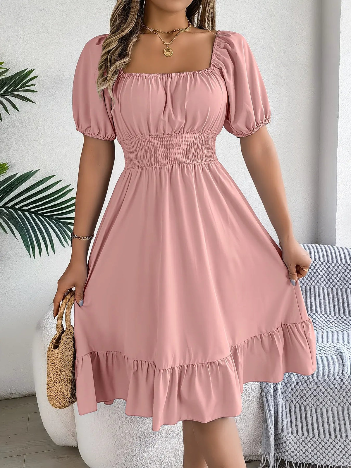 Women's Square Neck Ruffle Hem A-Line Dress-Women's Dresses-Bellmaren-Sky Blue-S-My Store