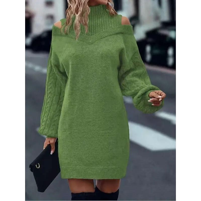 Women's Cold-Shoulder Turtleneck Sweater Dress-Women's Dresses-Bellmaren-Green-S-My Store