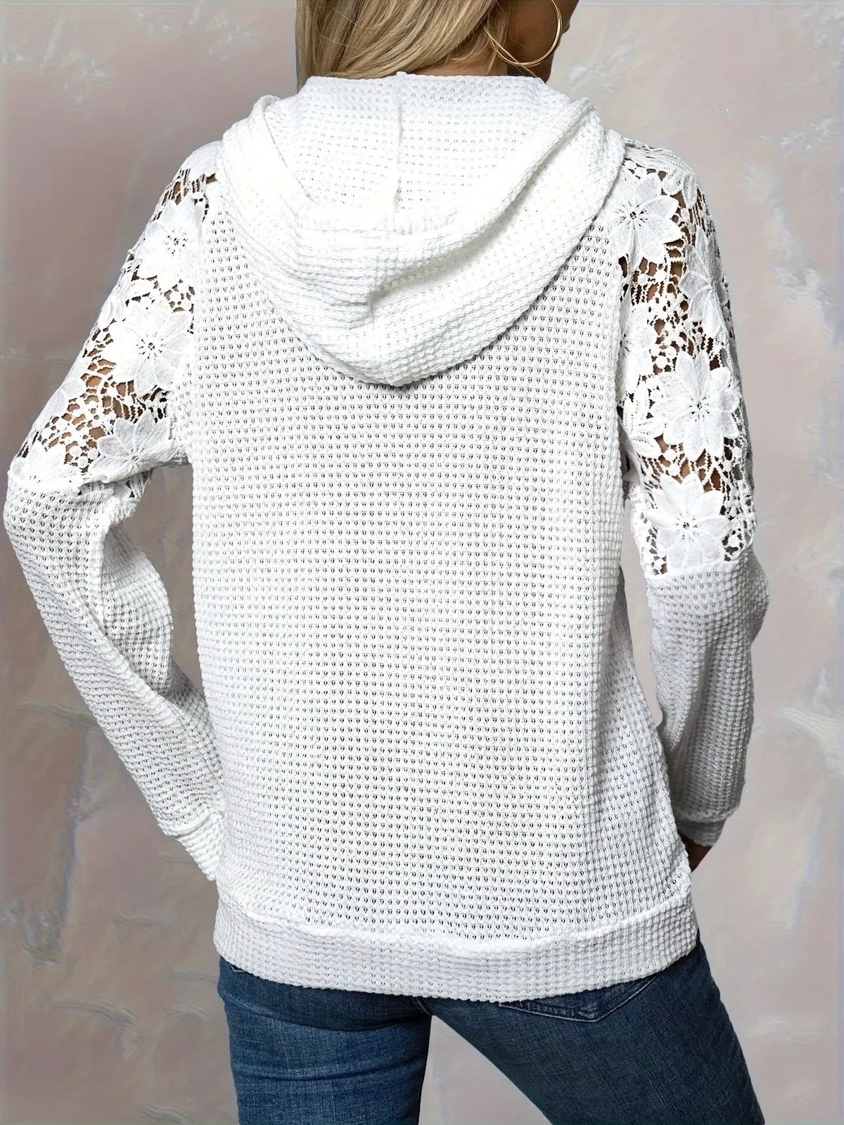 Women's Waffle Textured Hooded Top With Floral Trim-Women's Hoodies-Bellmaren-White-S-My Store