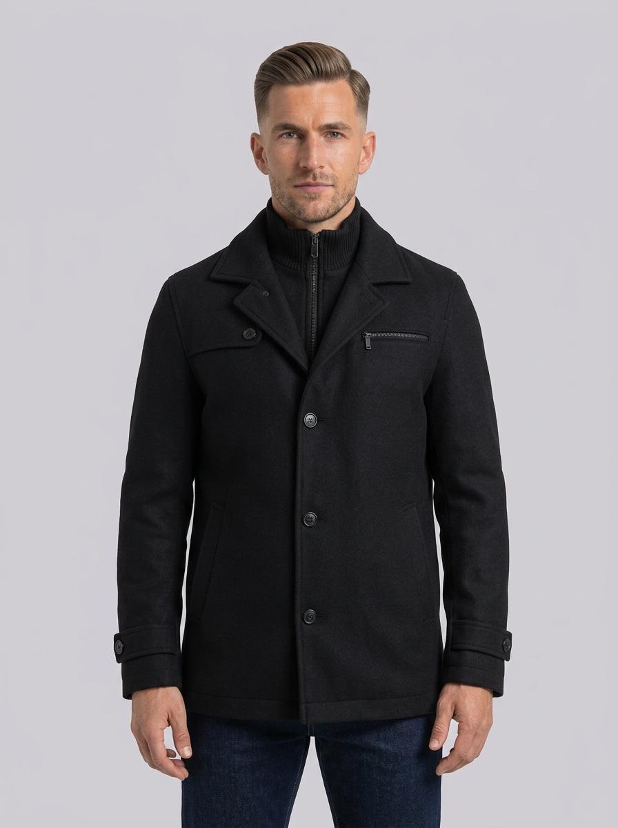 Men's Dual-Collar Winter Jacket – Button Front & Zip Chest Pocket