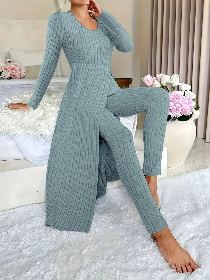 Women's Ribbed Loungewear Co-ord Set – Slit Tunic, Wide Leg Trousers