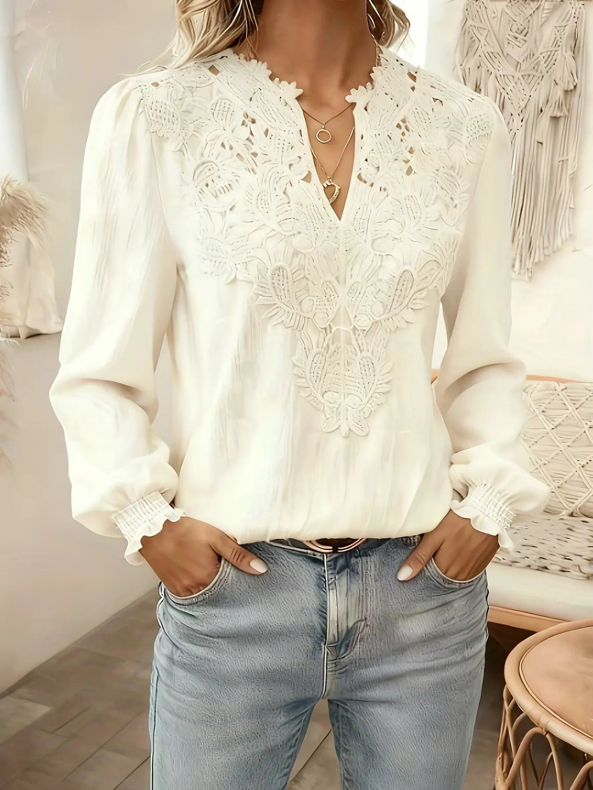 Women's Embroidered V-Neck Blouse with Lantern Sleeves by Bellmaren