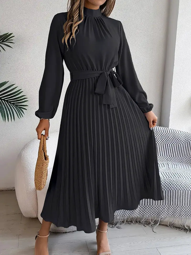 Women's Long-Sleeve Belted Pleated Midi Dress by Bellmaren