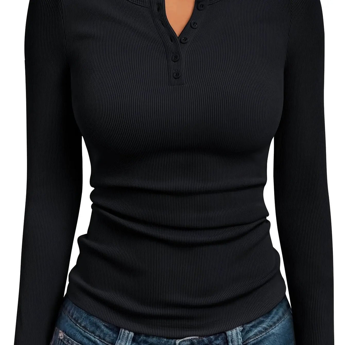 Women's Fitted Ribbed Long Sleeve Henley Top-Women's Shirts-Bellmaren-Black-S-My Store