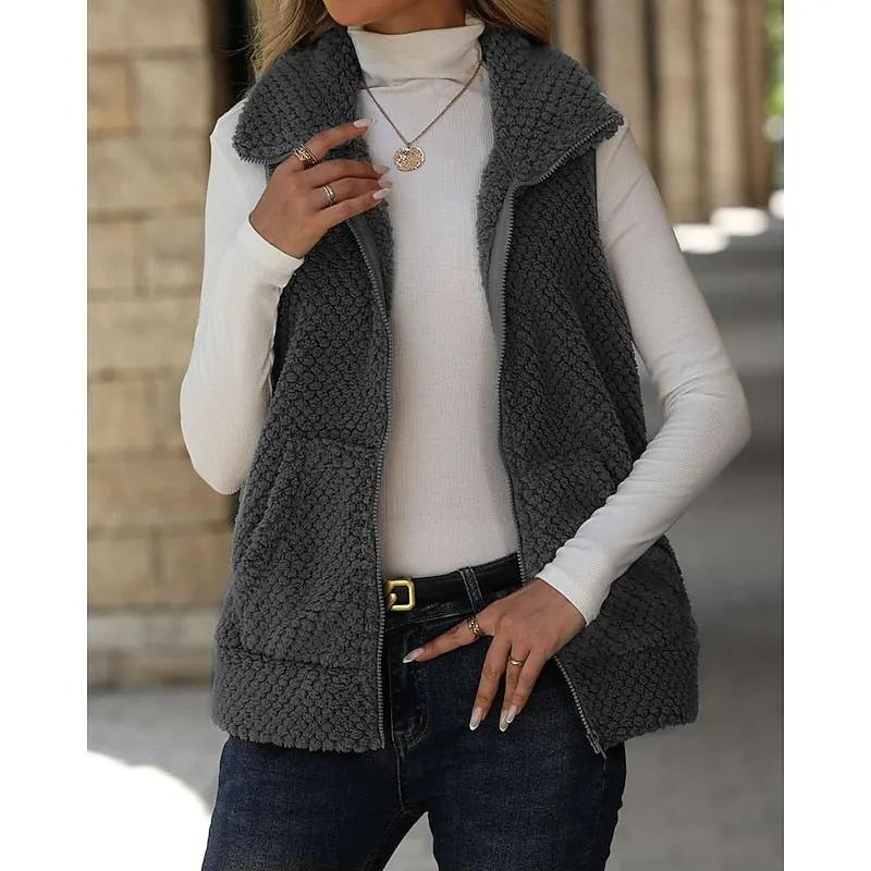 Women's Textured Soft Zip Front Relaxed Vest-Women's Vests-Bellmaren-Dark Grey-S-My Store