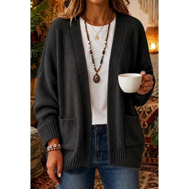 Women's Relaxed V-Neck Open-Front Cardigan With Front Pockets-Women’s Cardigans-Bellmaren-Black-S-My Store