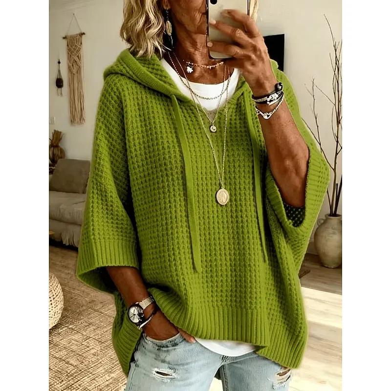 Women's Relaxed Waffle-Textured Hoodie With Drawstrings-Women's Hoodies-Bellmaren-Green-S-My Store