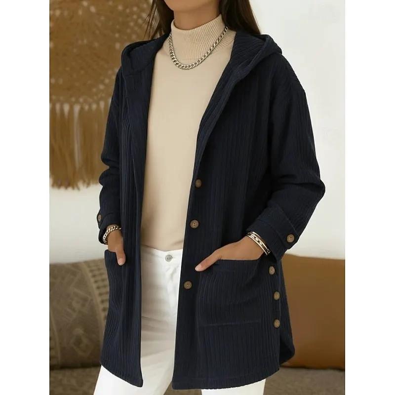 Women's Beige Hooded Button-Front Coat For Daily Wear-Women's Coats & Jackets-Bellmaren-Navy-S-My Store