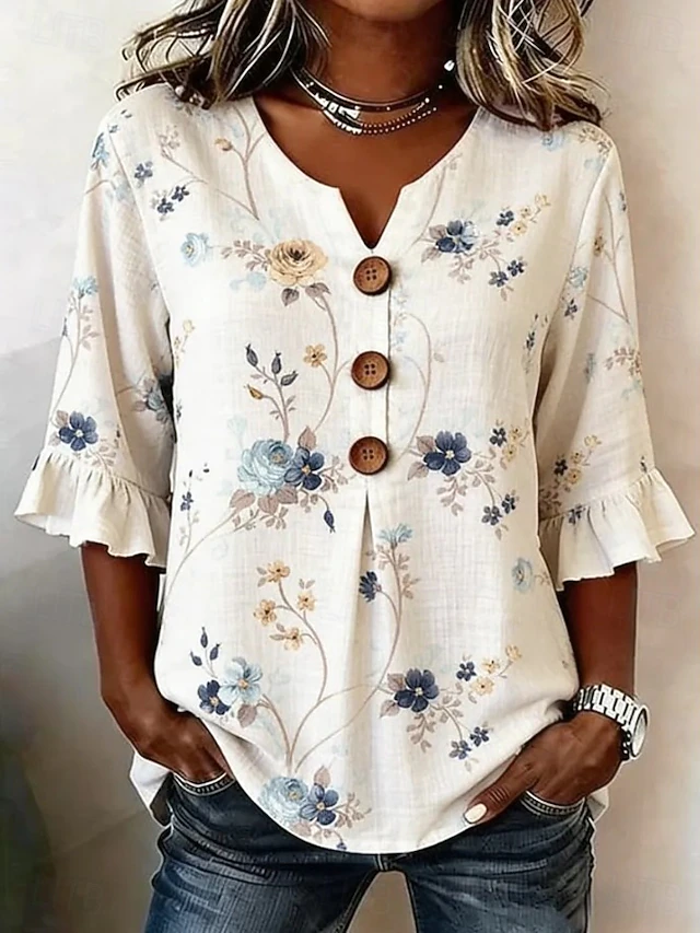 Women's Floral Striped Blouse – V-Neck, Button Placket, Relaxed Fit