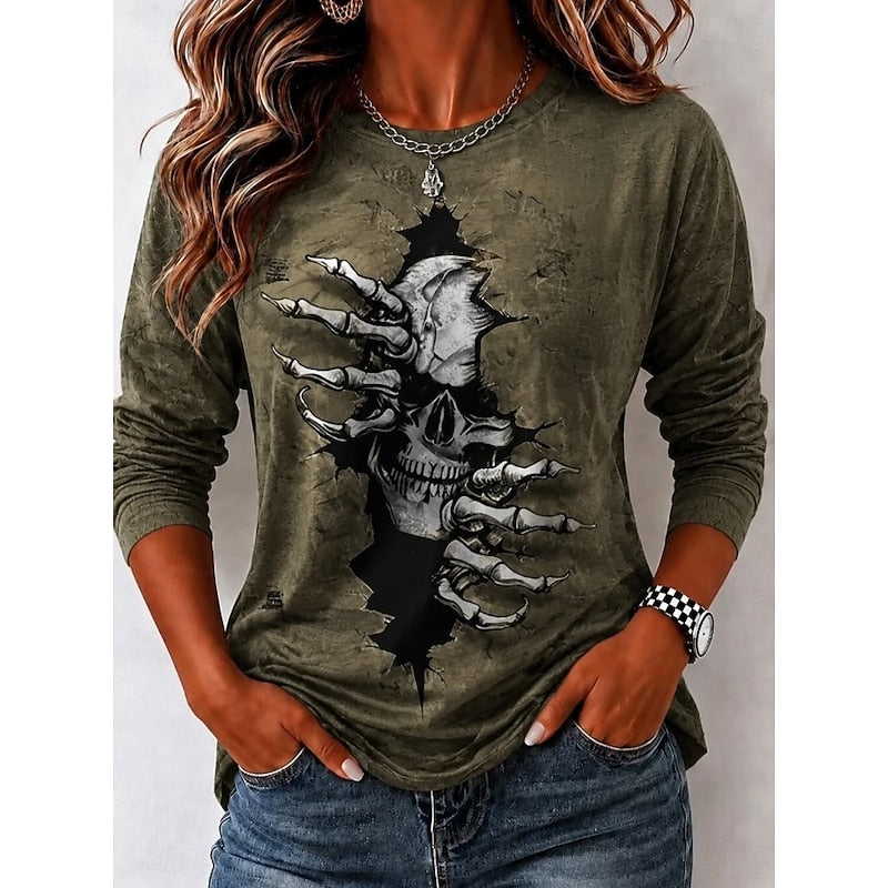 Women's Printed Skull Web Crew Neck Long Sleeve Top-Women's T-Shirts-Bellmaren-Green-S-My Store