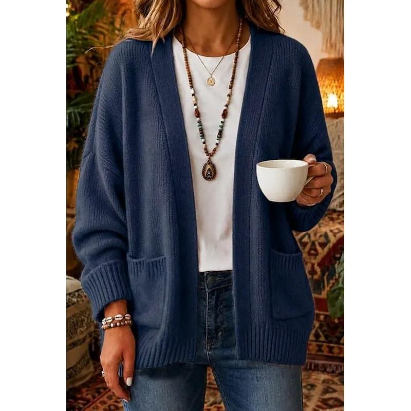 Women's Relaxed V-Neck Open-Front Cardigan With Front Pockets-Women’s Cardigans-Bellmaren-Blue-S-My Store