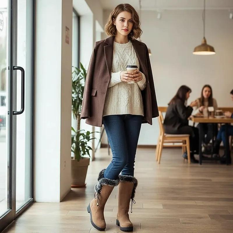Women's Knee-High Winter Boots with Fur Trim-Women's Shoes-Bellmaren-Yellow-4-My Store