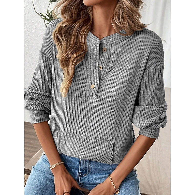 Women's Relaxed Ribbed Henley Top with Front Pockets by Bellmaren