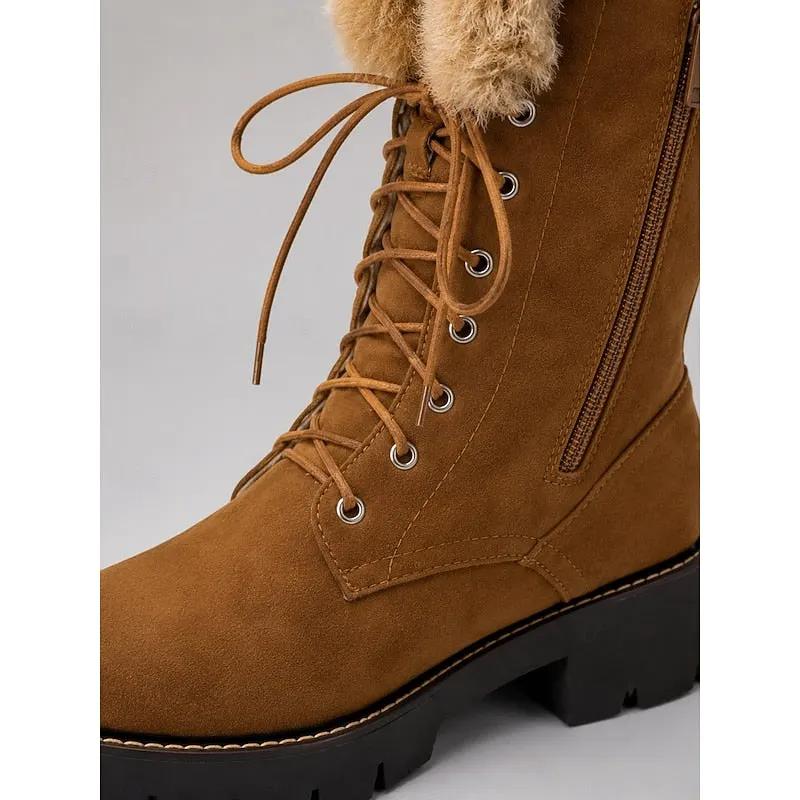 Women's Plush-Cuff Lace-Up Knee-High Winter Boots-Women's Shoes-Bellmaren-Camel-7-My Store