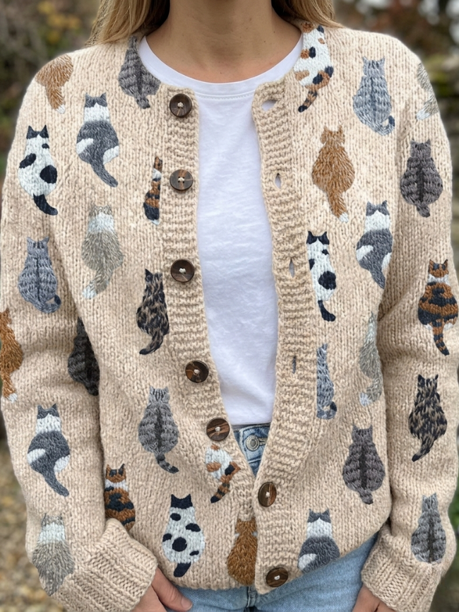 Women's Cat Print V-Neck Cardigan – Soft Plush Knit