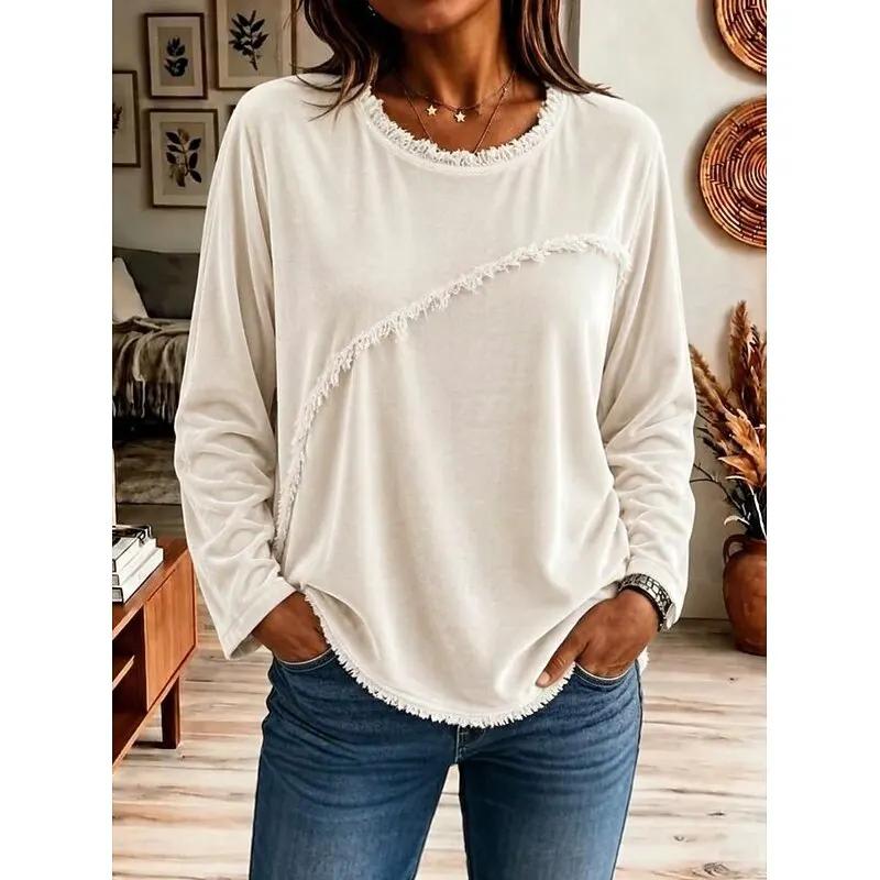 Women's Fringe Trim Relaxed Tunic Crew Neck Top-Women's Tops-Bellmaren-White-S-My Store