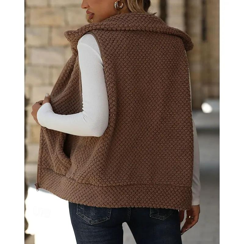 Women's Textured Soft Zip Front Relaxed Vest-Women's Vests-Bellmaren-Khaki-S-My Store