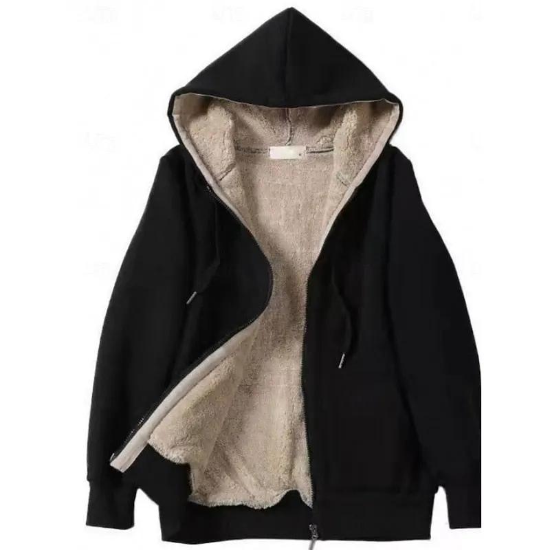 Women's Plush Lined Hooded Zip Jacket – Warm Relaxed Fit with Pockets