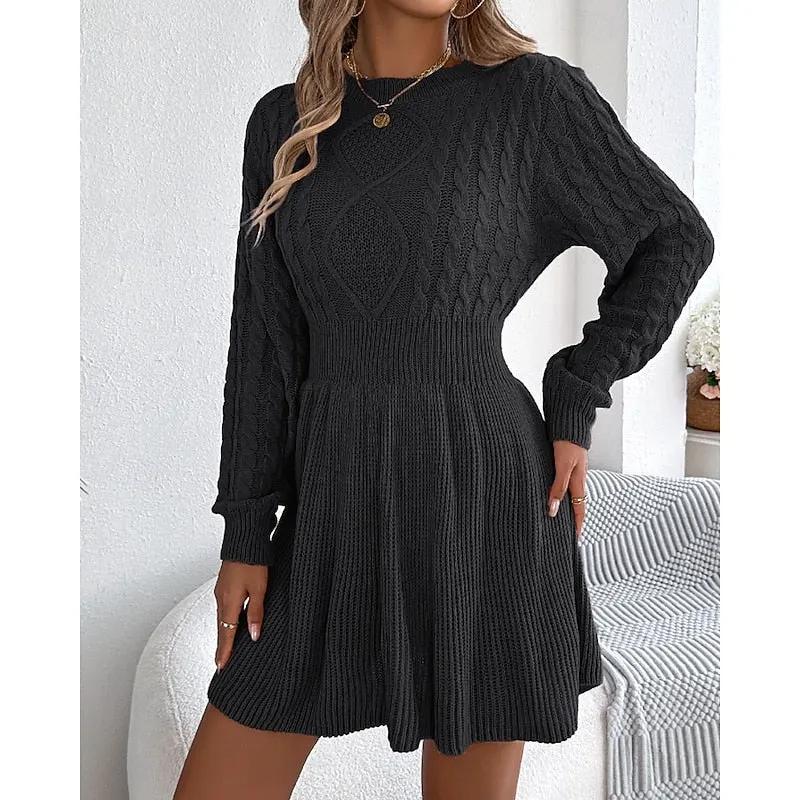 Women's Cable-Knit Sweater Dress With Defined Waist-Women's Dresses-Bellmaren-Black-S-My Store