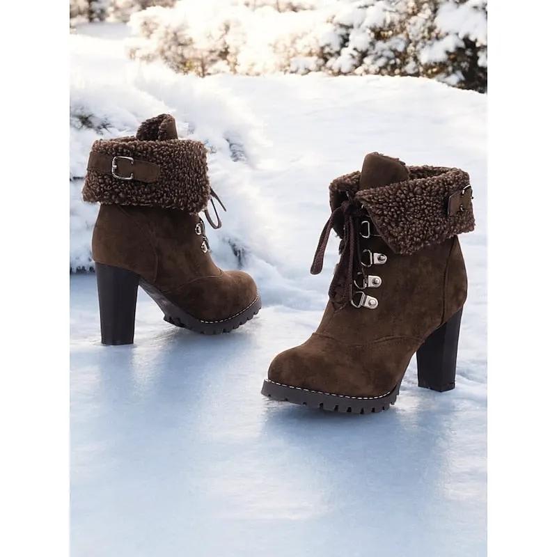 Women's Plush-Lined Chunky Heel Winter Boots-Women's Shoes-Bellmaren-Yellow-7-My Store