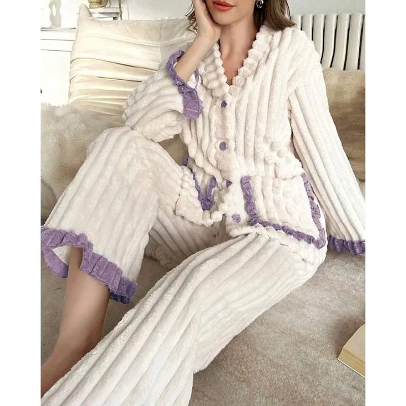 Women's Plush Ruffle-Trim Two-Piece Lounge Set-Women's Loungewear Sets-Bellmaren-Purple-S-My Store