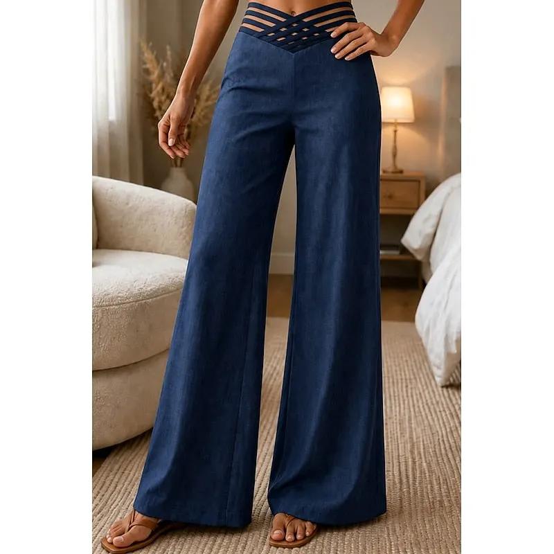 Women's High-Waist Wide-Leg Trousers with Stretch Fit-Women's Trousers-Bellmaren-Navy Blue-S-My Store