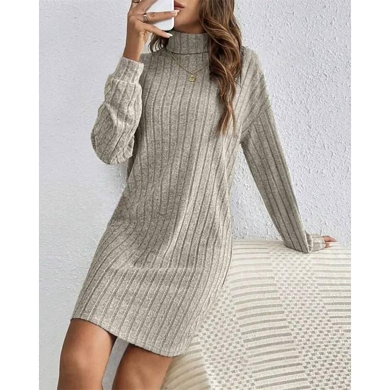 Women's Ribbed Textured Roll Neck Dress Relaxed Fit-Women's Dresses-Bellmaren-Light Grey-S-My Store